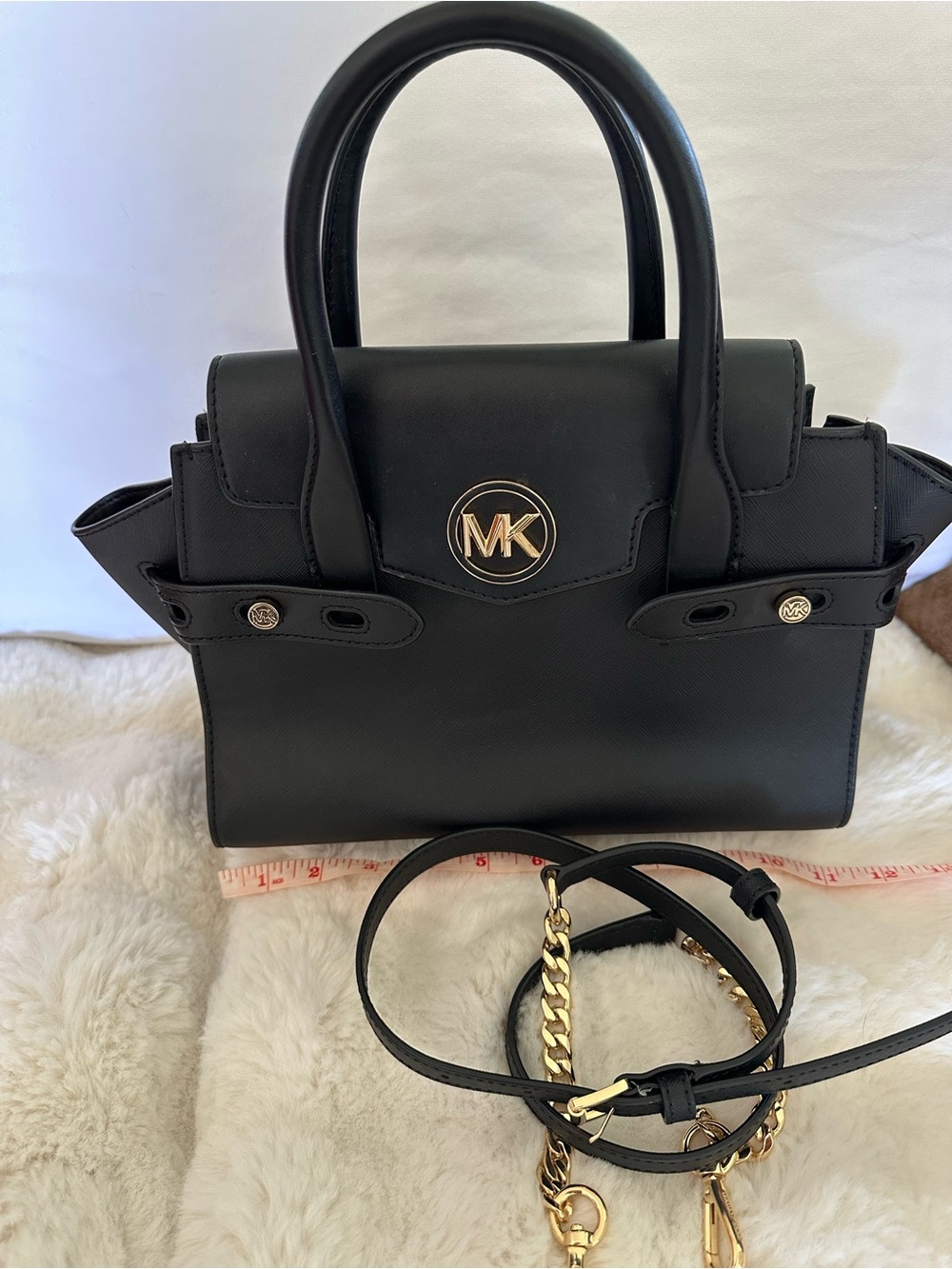 Michael Kors Black Leather Satchel with Gold MK Accent